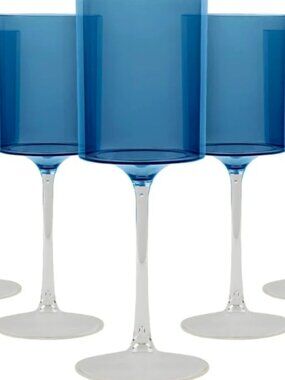 Wine Elegant Glasses Plastic Goblets Two Tone Blue Clear | 9 oz Cups | 5x Piece